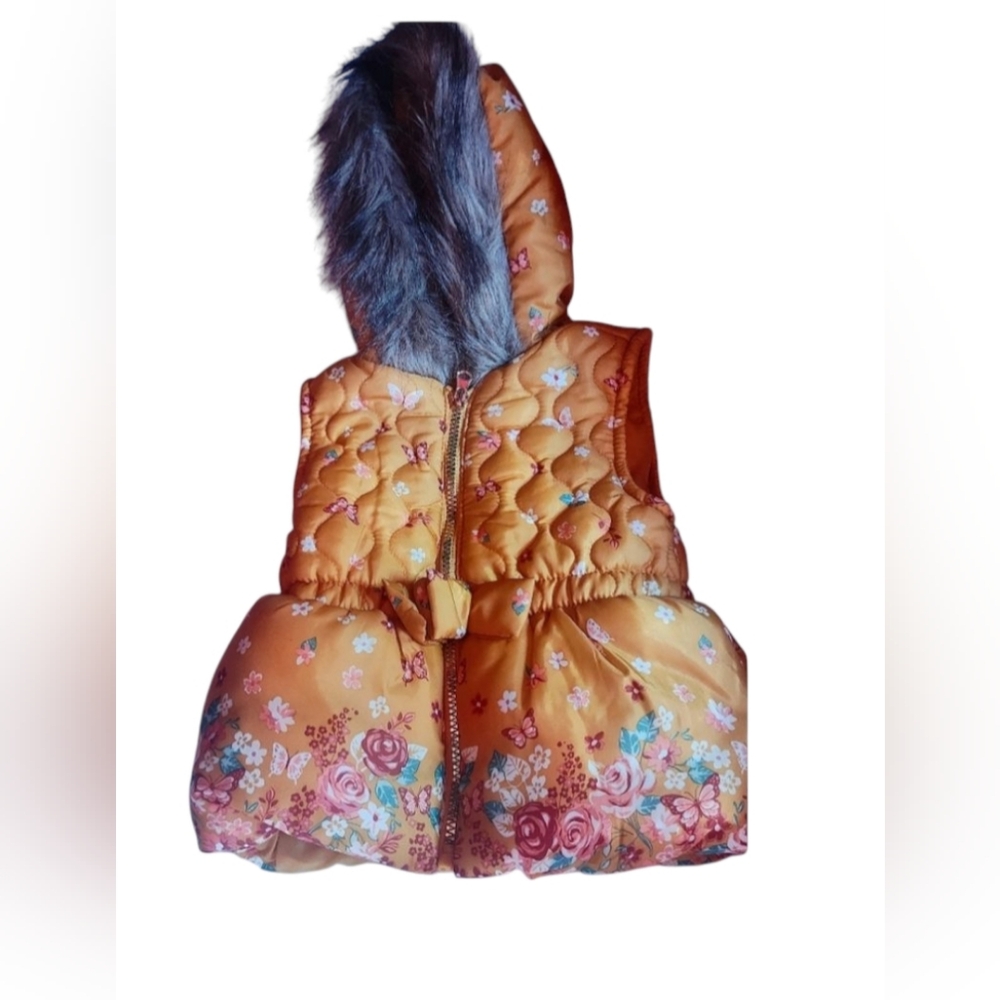 Little Lass Floral Orange Kids Jacket with Faux Fur Hood. New Tags Removed..